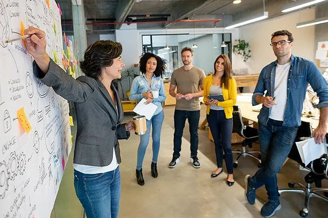 Marketing team brainstorming growth strategy on whiteboard in office