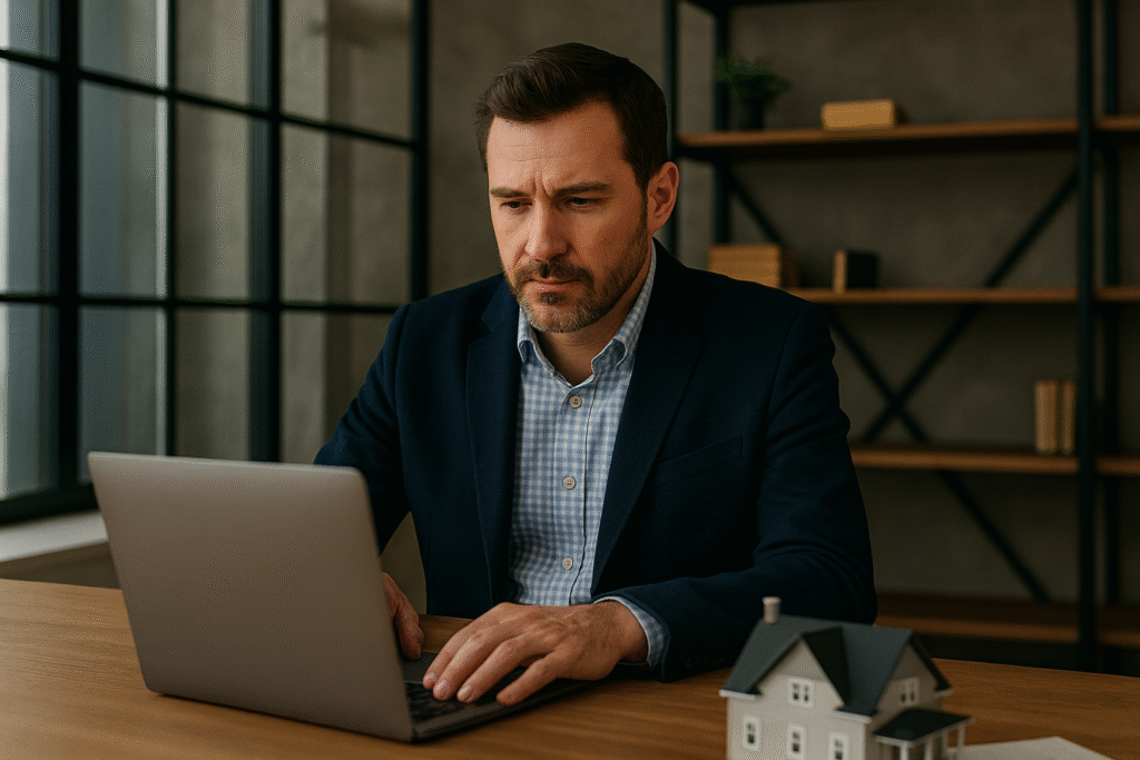 Real estate investor working on laptop beside a house model