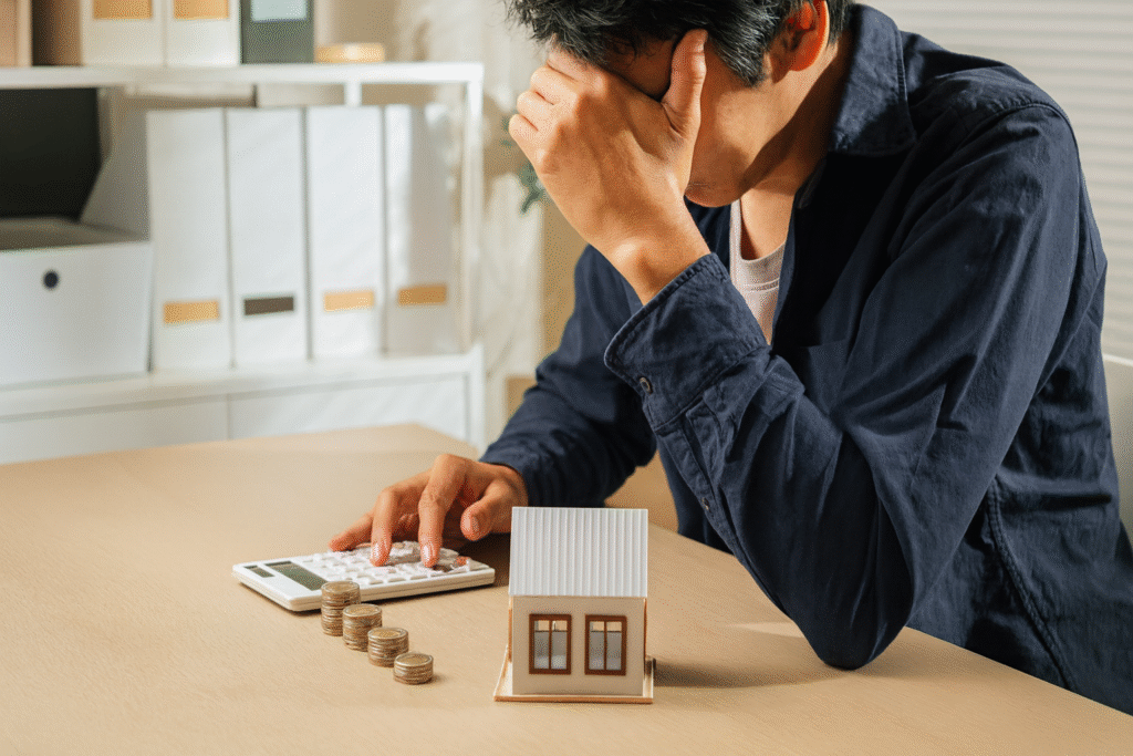 Stressed real estate investor calculating costs beside house model