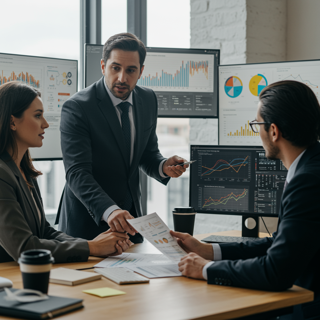 Strategy consultant analysing marketing performance data with clients