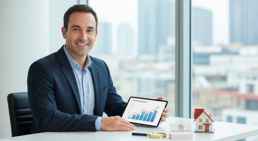 Real estate professional analyzing lead quality data on a tablet