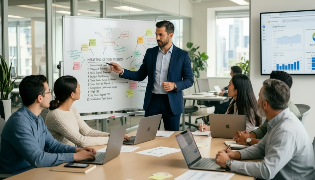 Marketing strategy consultant presenting plan to business team