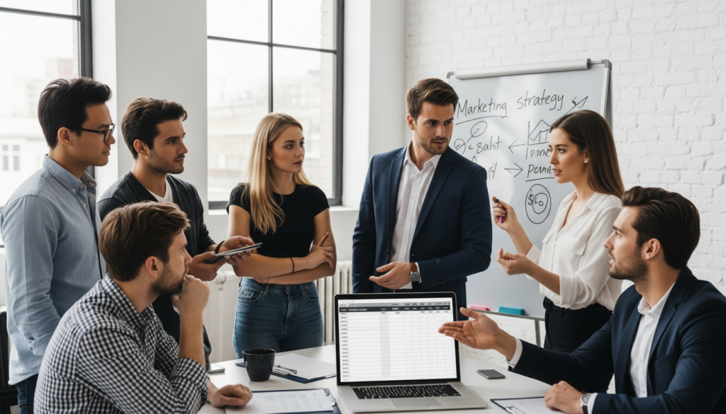 Team discussing marketing strategy in office meeting