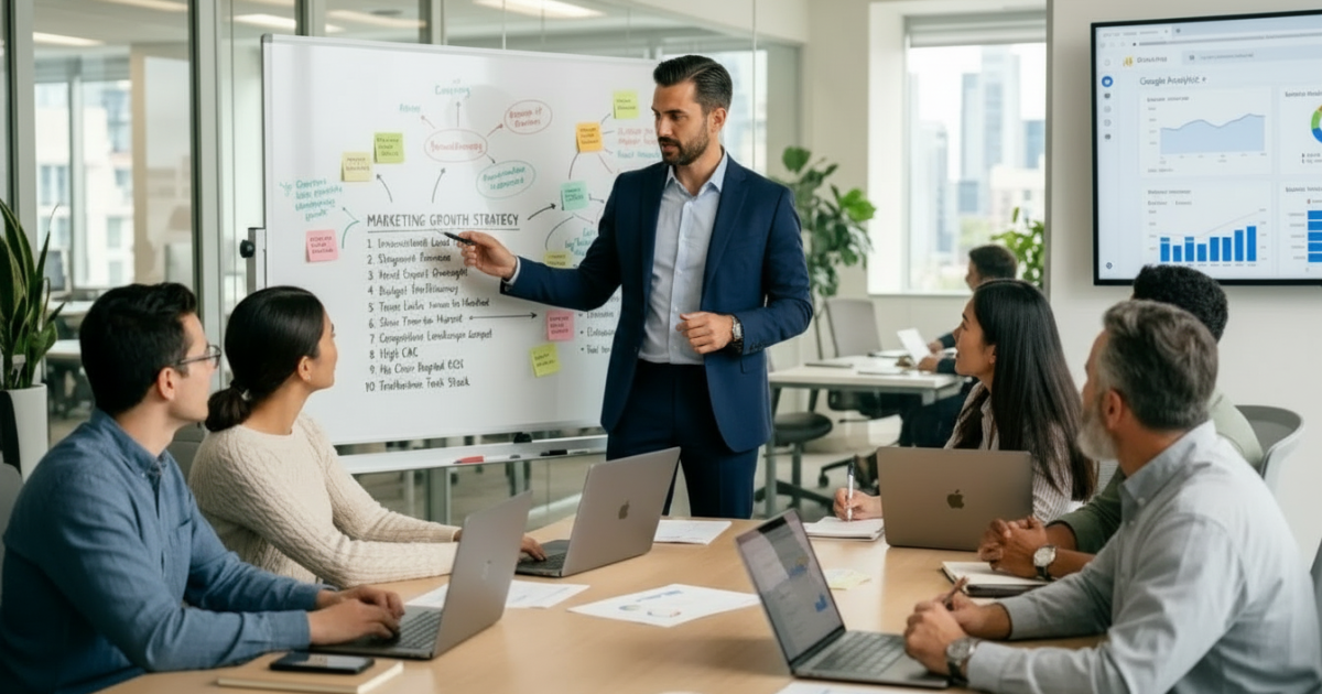 Marketing strategy consultant presenting plan to business team