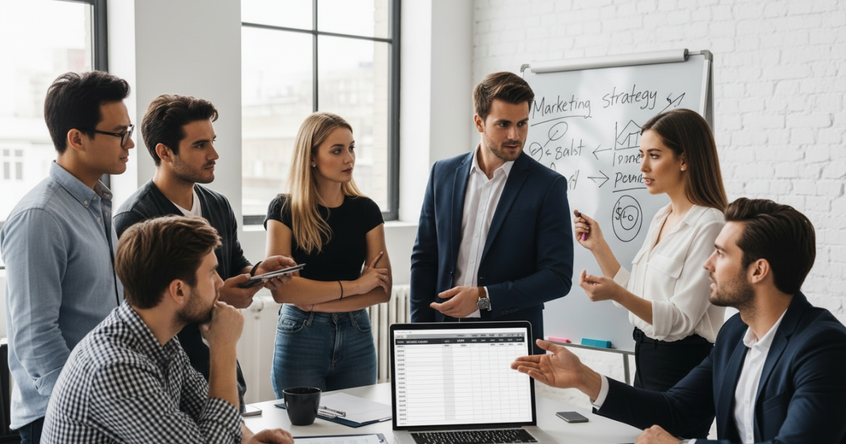 Team discussing marketing strategy in office meeting