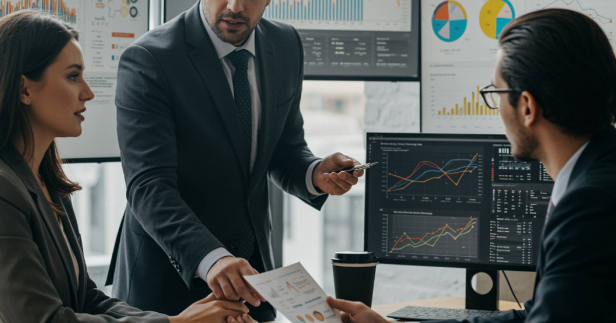 Strategy consultant analysing marketing performance data with clients