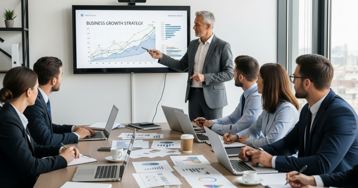 Fractional CMO presenting growth strategy to professional team
